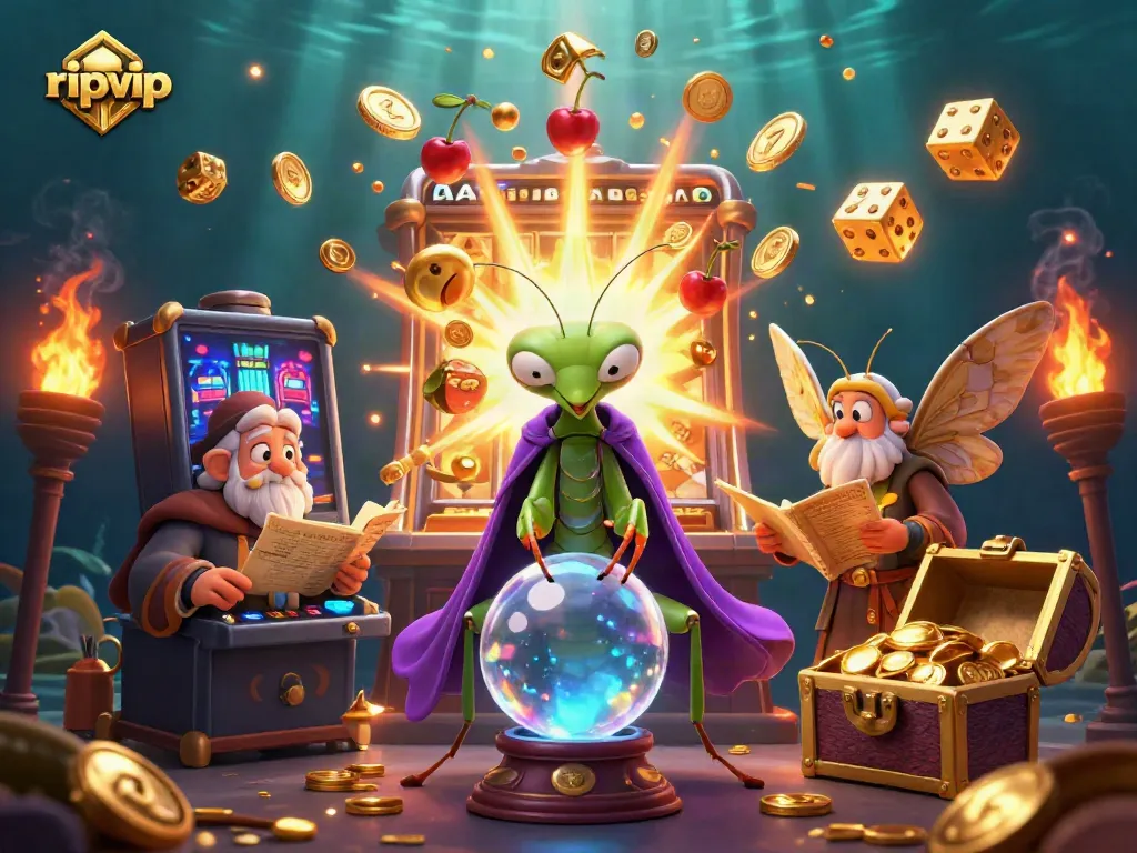 Experience the magic of ripvip as the fortune teller peers into a crystal ball amidst an explosion of casino elements.