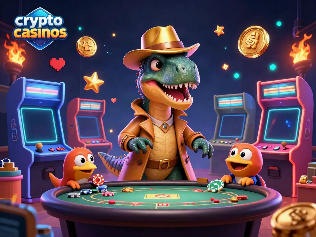 Play at dynamic crypto casinos featuring a velociraptor card counter at a blackjack table.