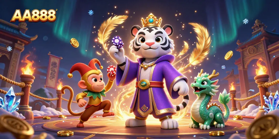 A playful scenario with the AA888 brand featuring a majestic white tiger, golden monkey juggling poker chips, and a jade dragon, set in a vibrant casino atmosphere.