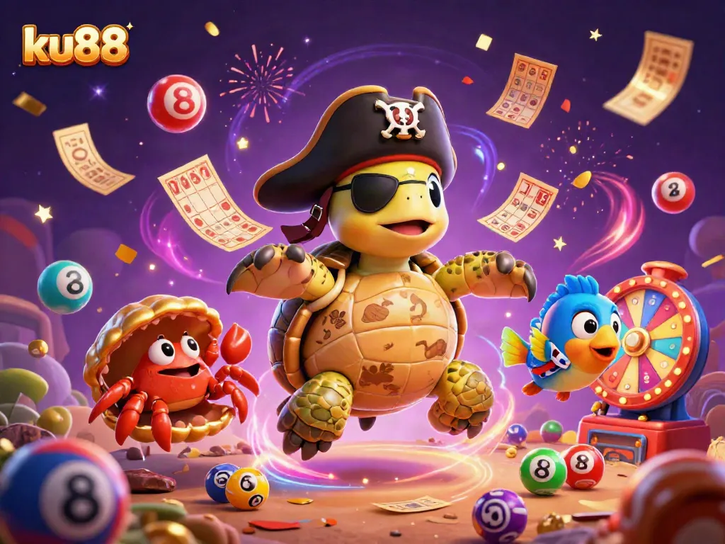 Experience thrilling gameplay at ku88 with a pirate turtle, crab, and parrotfish discovering treasure.