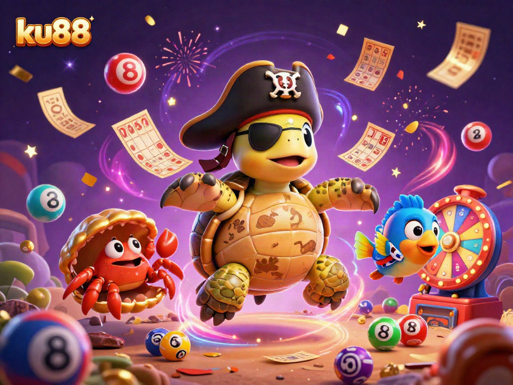 Experience thrilling gameplay at ku88 with a pirate turtle, crab, and parrotfish discovering treasure.