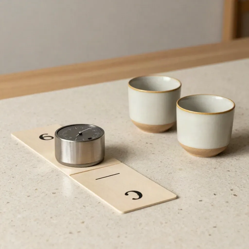 Kit de treino de comunicação com cartões virados, timer e duas xícaras sobre mesa de travertino.