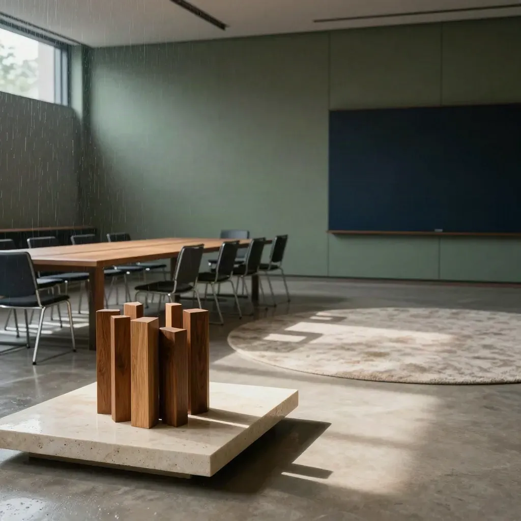 Sala premium vazia para workshop, com luz dramática e materiais de madeira após a chuva.