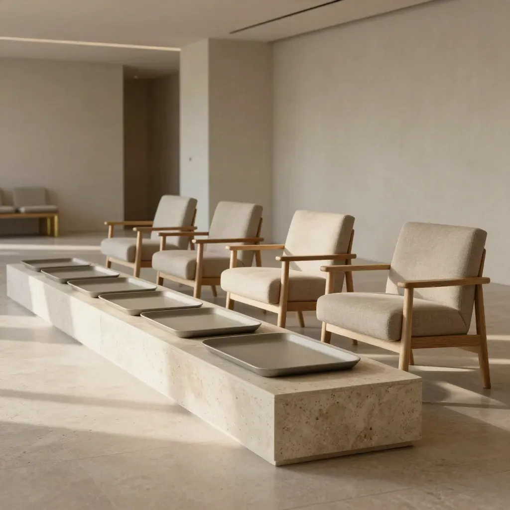 Lounge comercial vazio com cinco cadeiras, banco de pedra e bandejas alinhadas em luz quente.