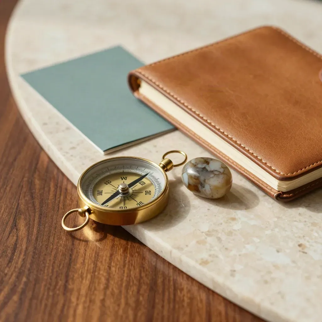 Kit de liderança com bússola de latão, caderno de couro e papel peso sobre travertino.