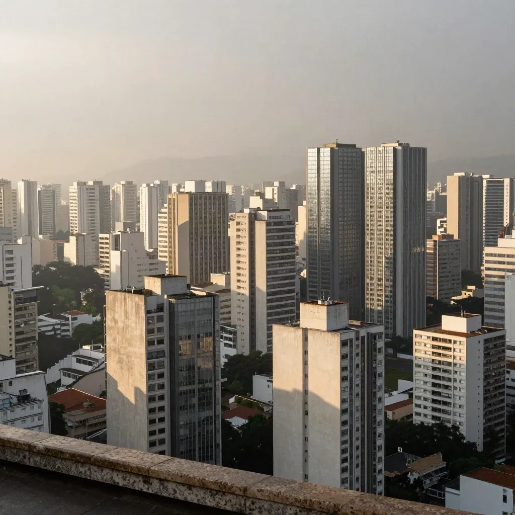 Vista de São Paulo com a Paulista elevada e névoa quente após a chuva.