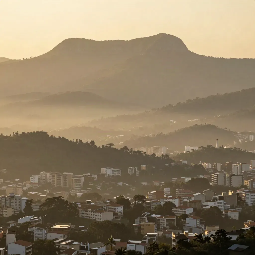 Vista ampla de Belo Horizonte ao entardecer com a Serra do Curral e neblina dourada.