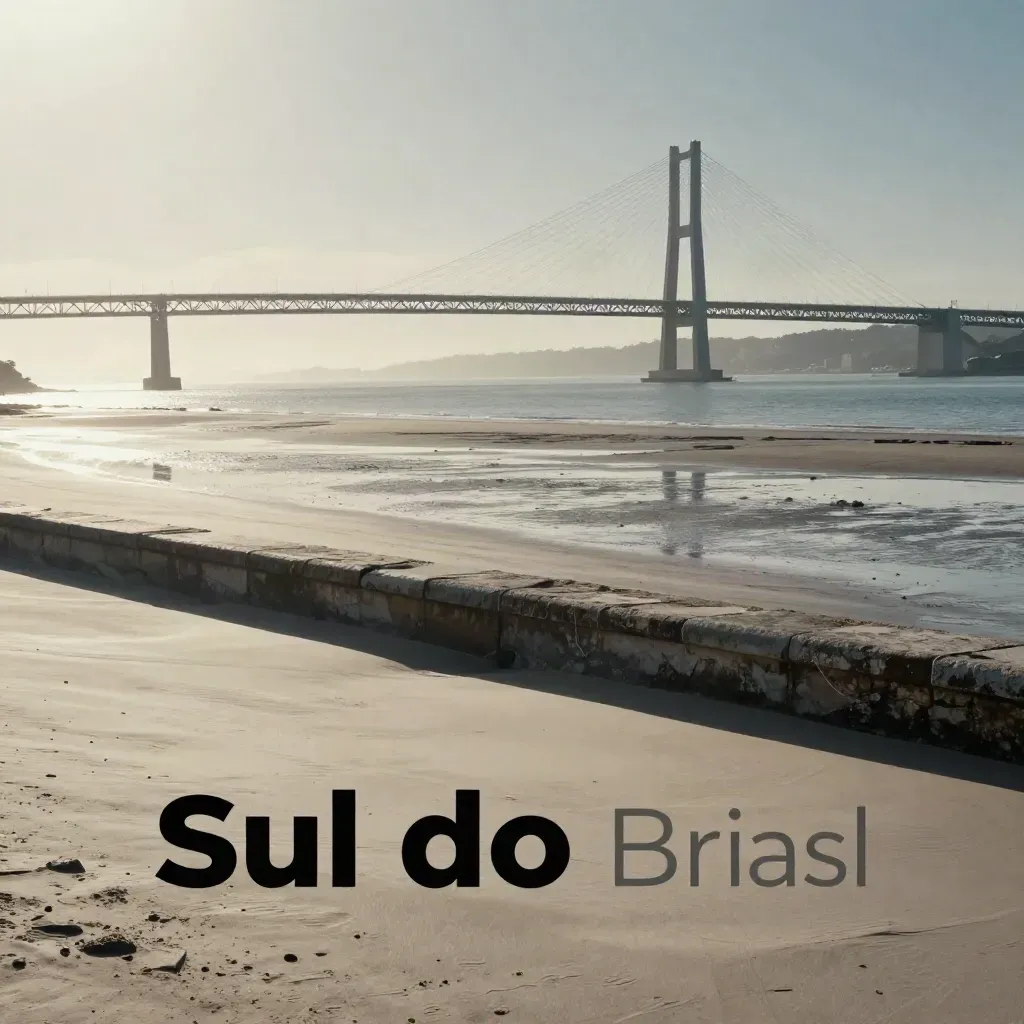 Ponte Hercílio Luz em silhueta sobre mar calmo e neblina de inverno no Sul do Brasil.
