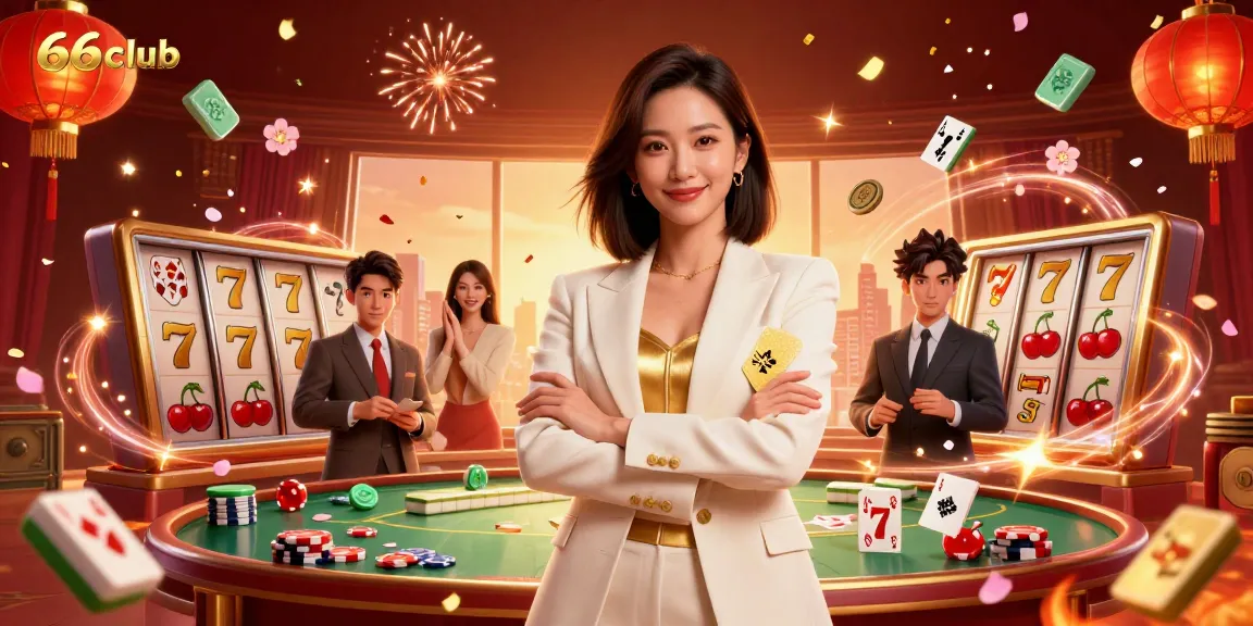 Engage with 66club's ultimate casino experience, showcasing a powerful businesswoman in a vibrant slot and jackpot environment.