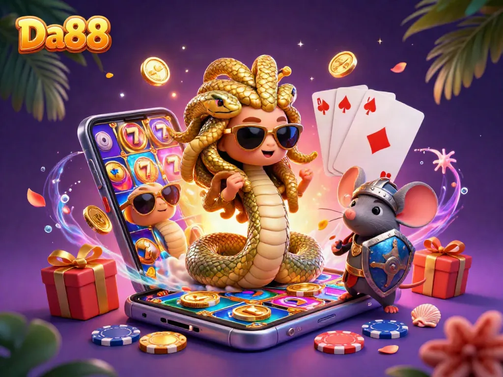 Play blackjack and spin slots at Da88 with engaging characters and vibrant casino elements.