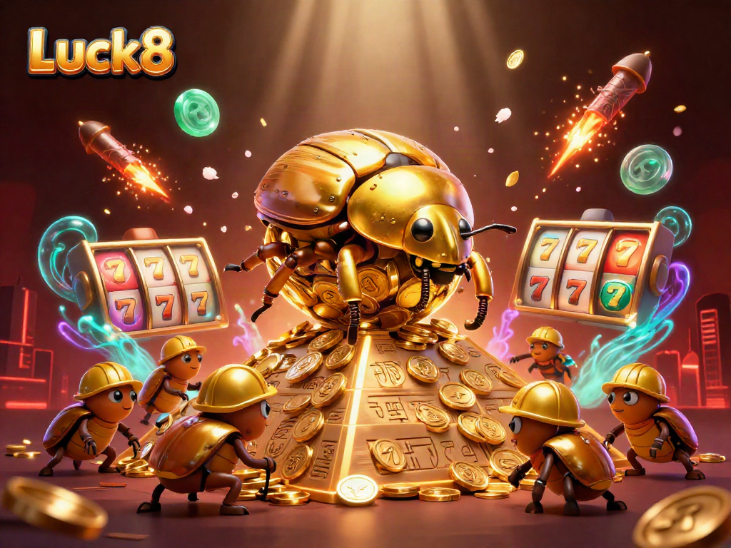 Engaging scene showcasing Luck8's vibrant golden beetles and dynamic casino elements in action.