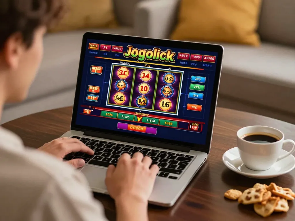 Player enjoying jogoluck online casino gaming on laptop at home with snacks, providing a cozy atmosphere.