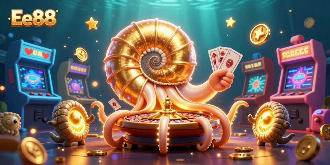 Experience exciting wins with Ee88's dynamic casino scene featuring a giant nautilus and arcade elements.
