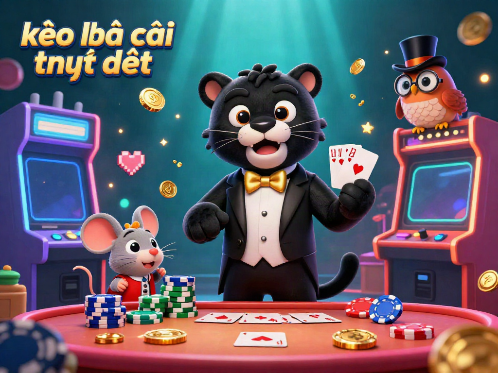 Experience kèo nhà cái trực tiếp with a stylish panther dealer, an owl with poker chips, and a lucky mouse in a vibrant casino.