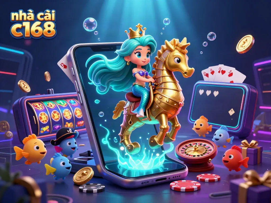 Experience the vibrant world of nhà cái c168 through this colorful 3D casino scene featuring a mermaid and gaming elements.