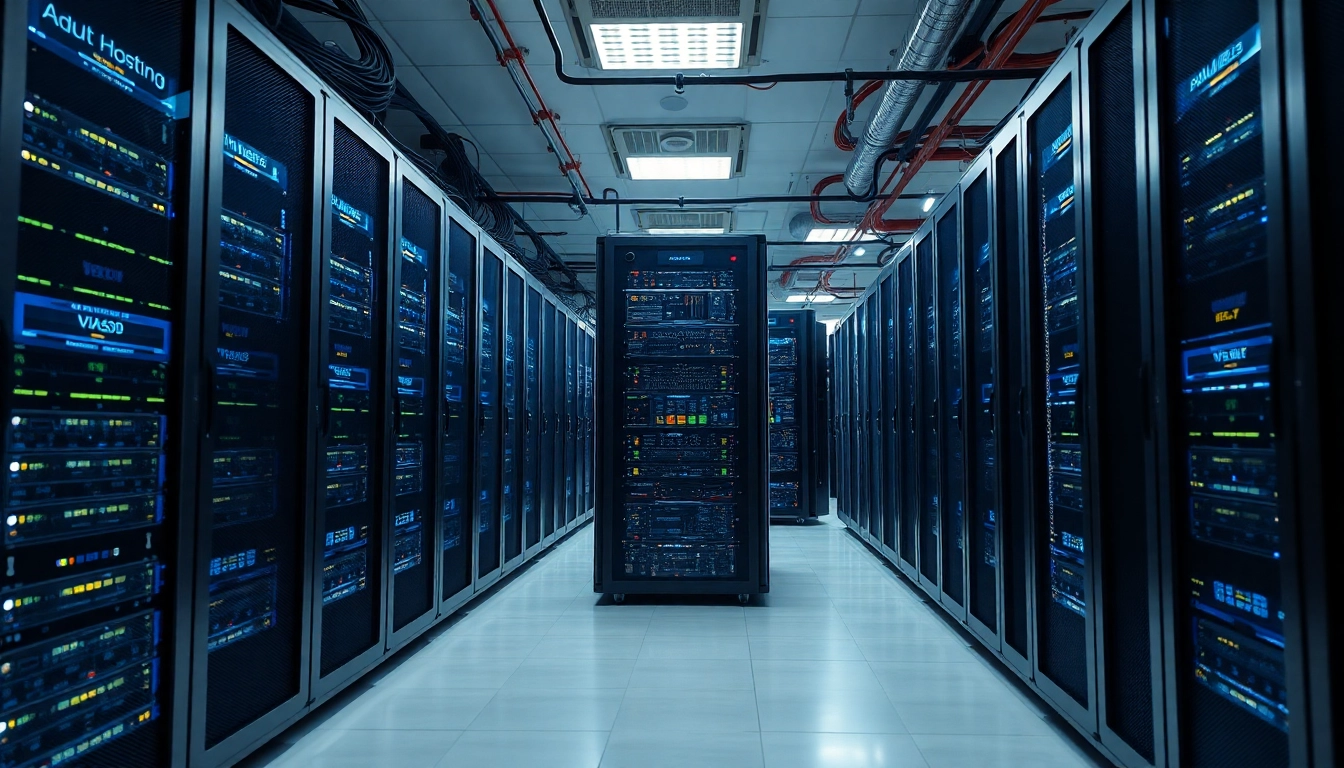 Highlighting advanced adult hosting servers in a modern data center with sleek technology.