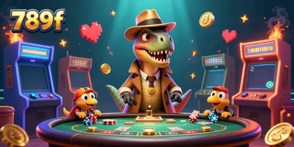 Join the fun of 789f casino with a cartoon velociraptor card counter and vibrant arcade games.