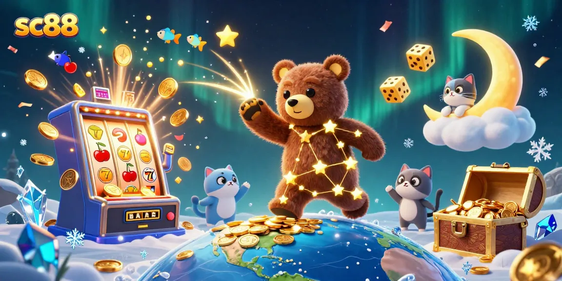 Experience the magic of sc88 with a vibrant slot game scene featuring a golden constellation bear and dynamic casino elements.