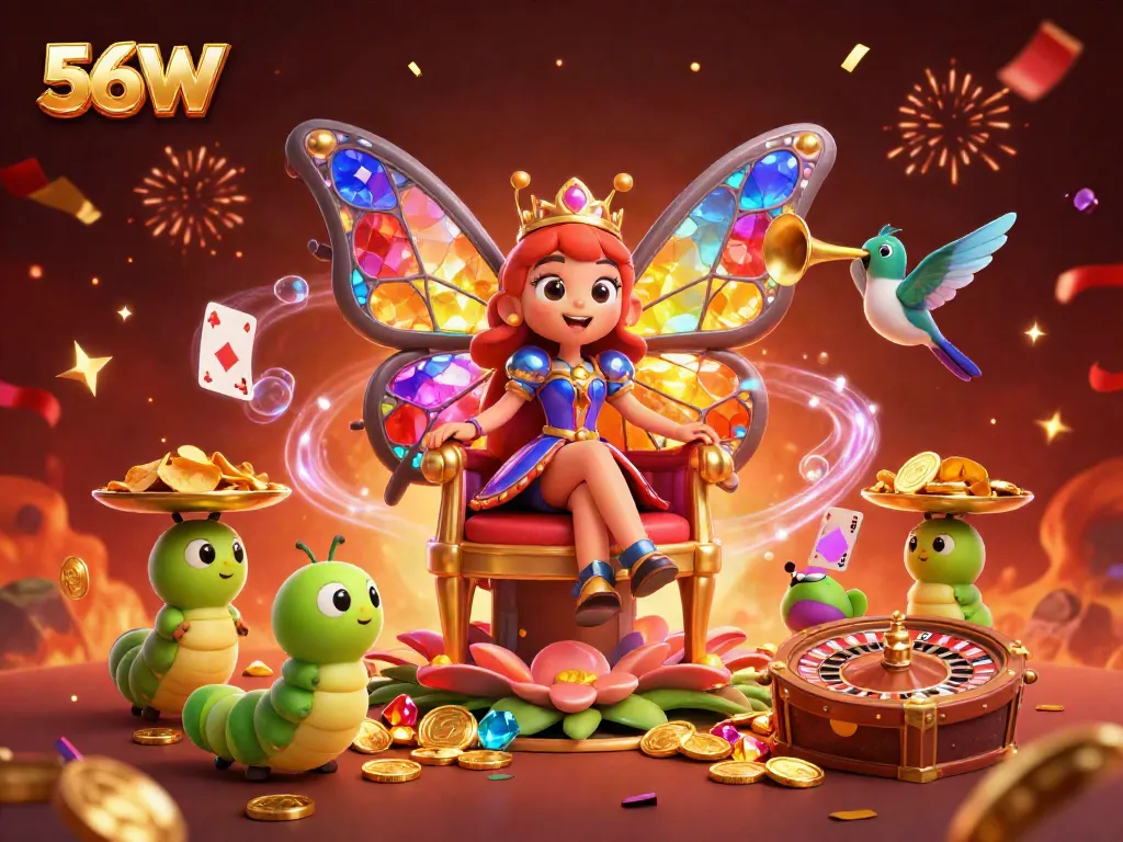 Experience the excitement of 56W with lively characters and vibrant casino elements, creating a captivating scene.