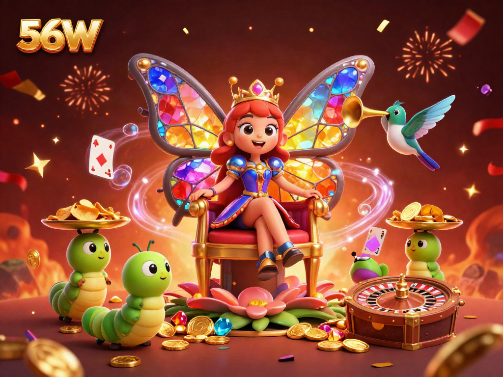 Experience the excitement of 56W with lively characters and vibrant casino elements, creating a captivating scene.