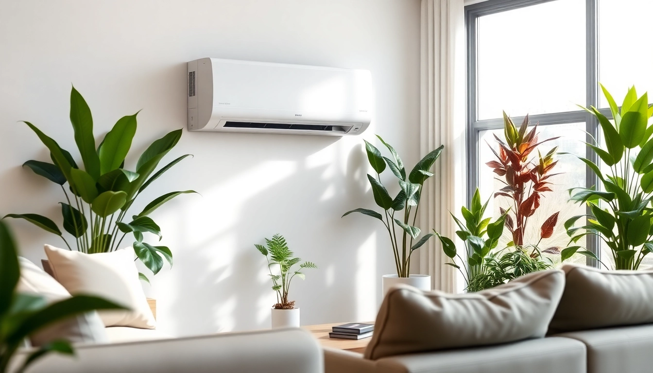 Mitsubishi mini split ac mounted in a stylish living room enhancing comfort.