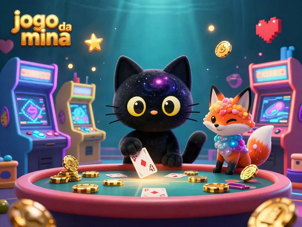 Experience the jogo da mina with a whimsical black hole cat and nebula fox in a cosmic gambling scene.