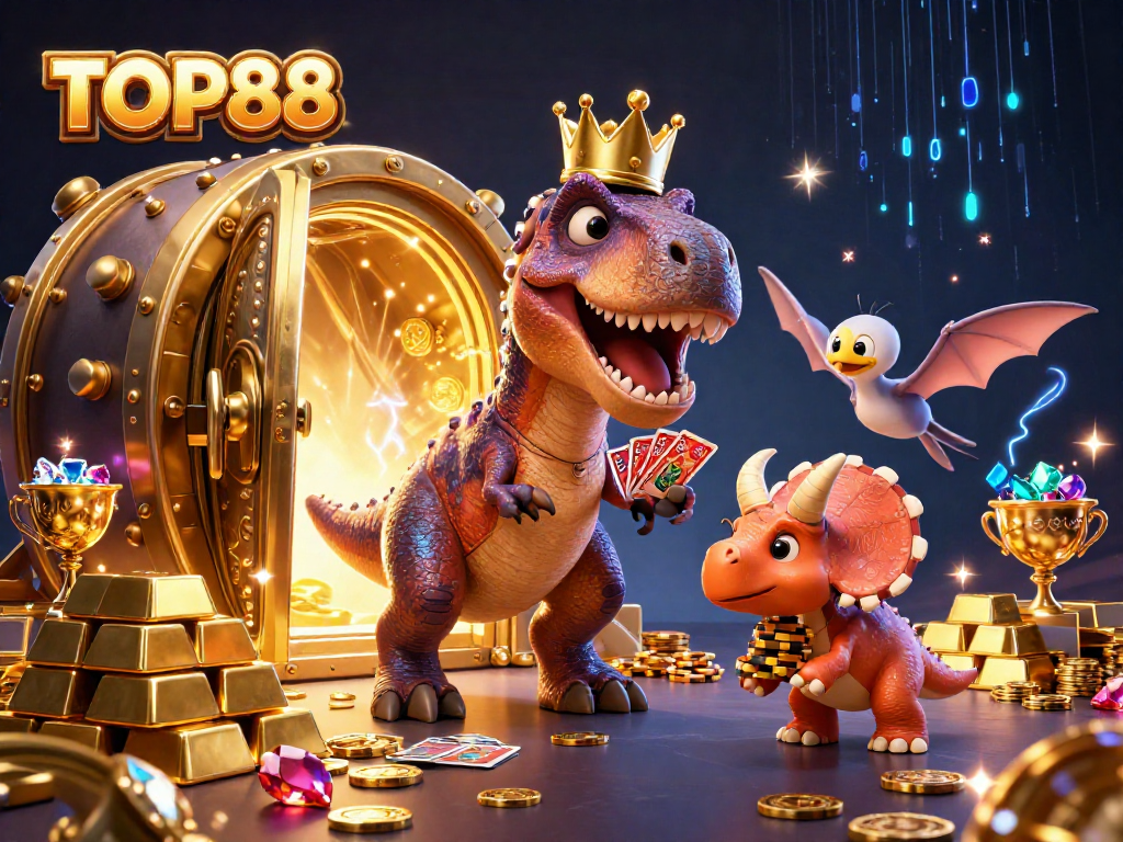 TOP88 showcases a playful T-Rex card shuffling with a pterodactyl assistant amid casino treasures.