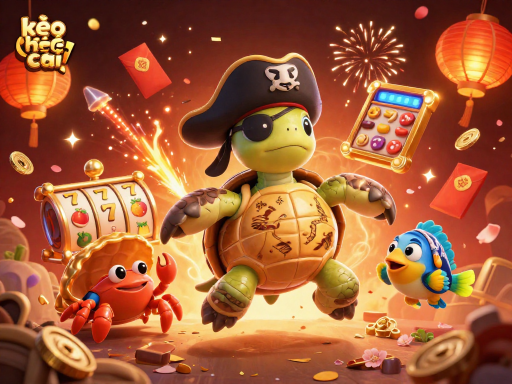Spin to win with kèo nhà cái 5: Exciting scene with pirate turtle and vibrant slot symbols!