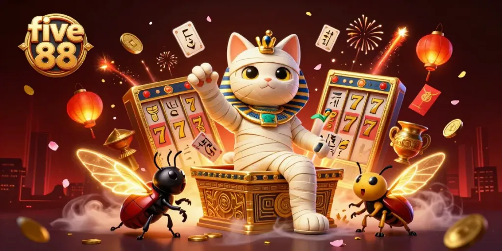Depicting the vibrant hustle of five 88 casino, showcasing an Egyptian mummy cat and gold elements in a dynamic scene.