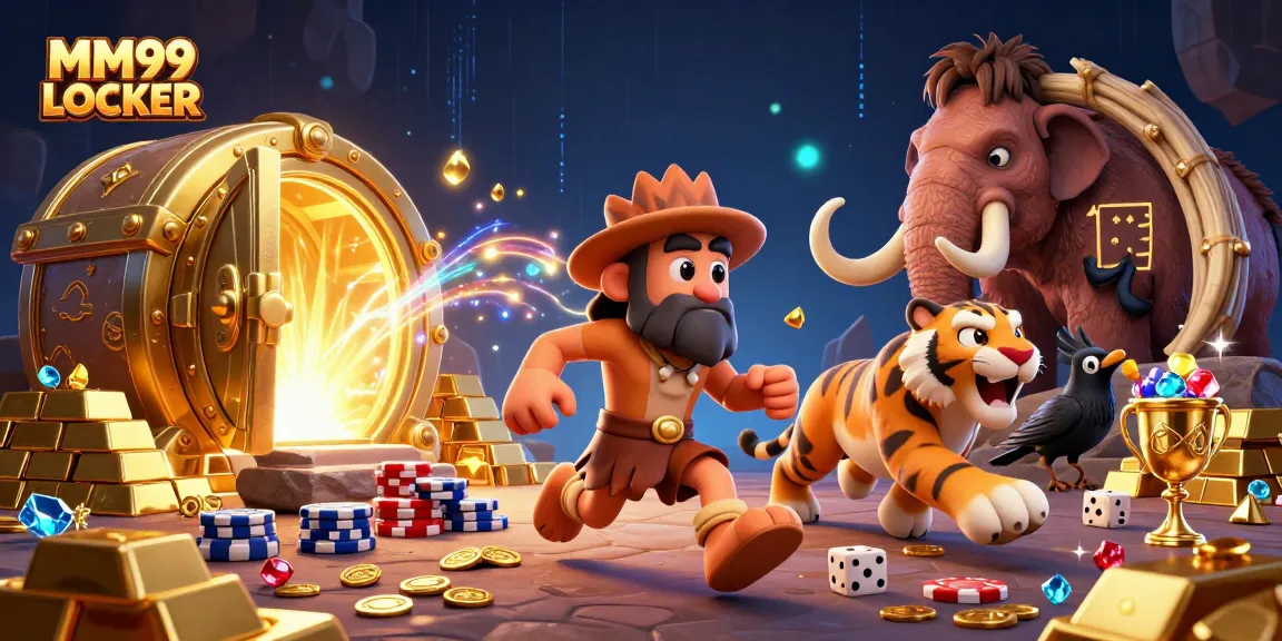 Engage with the thrilling realm of MM99 LOCKER, featuring a vibrant 3D prehistoric casino scene filled with treasures.
