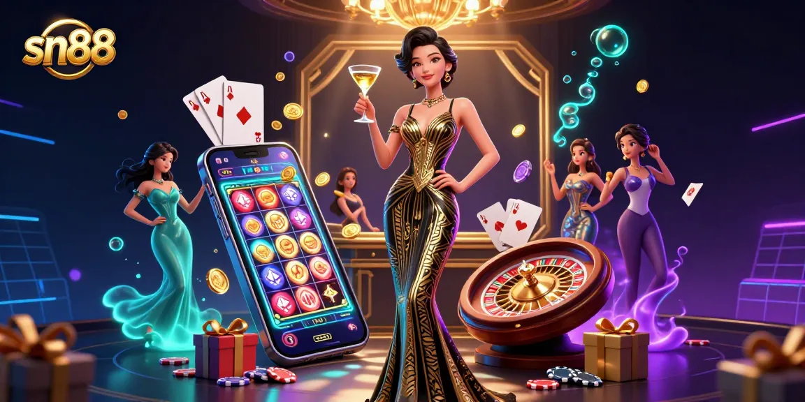 Experience winning thrills at sn88 with an elegant Asian woman celebrating at a luxurious casino scene.