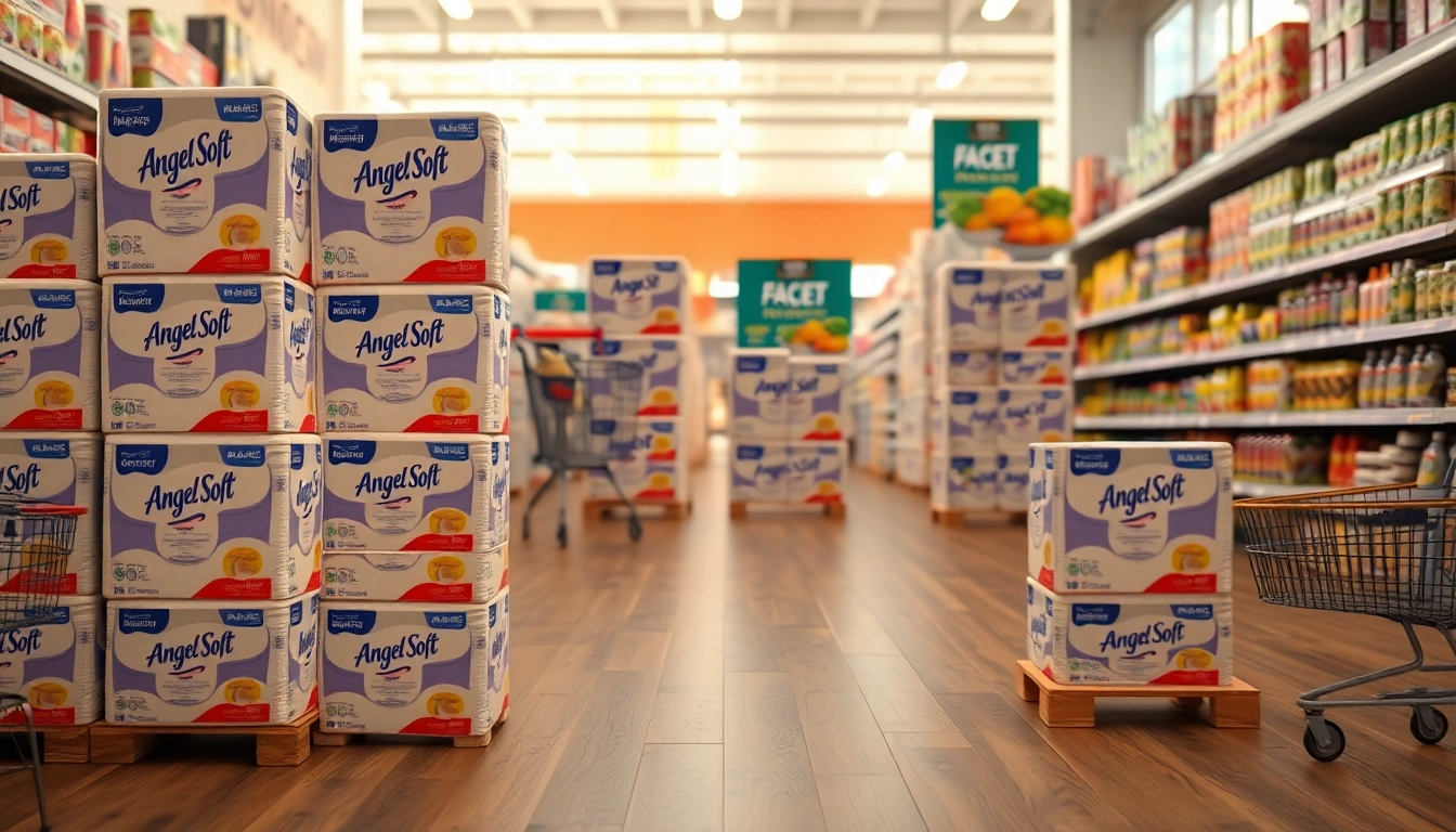 Showcasing Angel Soft Toilet Paper Pallets in a modern retail setting, emphasizing quality and availability.