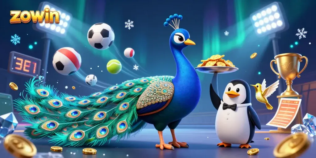 Zowin offers thrilling gaming experiences with a vibrant 3D scene featuring colorful casino characters.