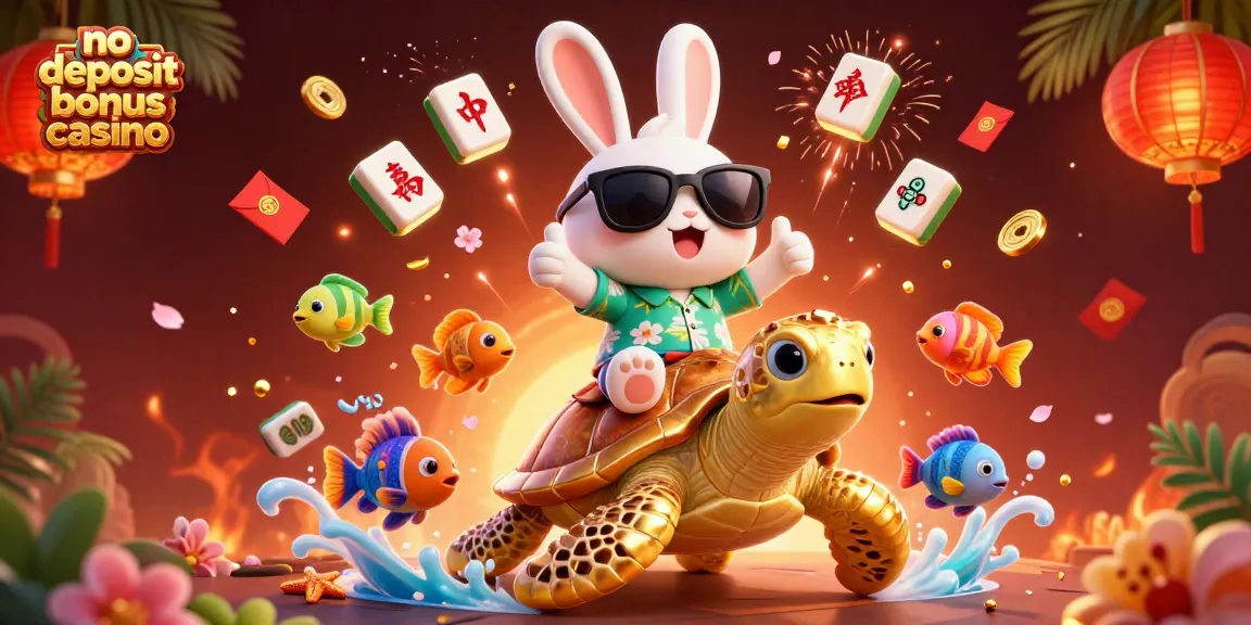 Experience the thrill at a no deposit bonus casino with our vibrant 3D illustration featuring a lucky rabbit and golden turtle.