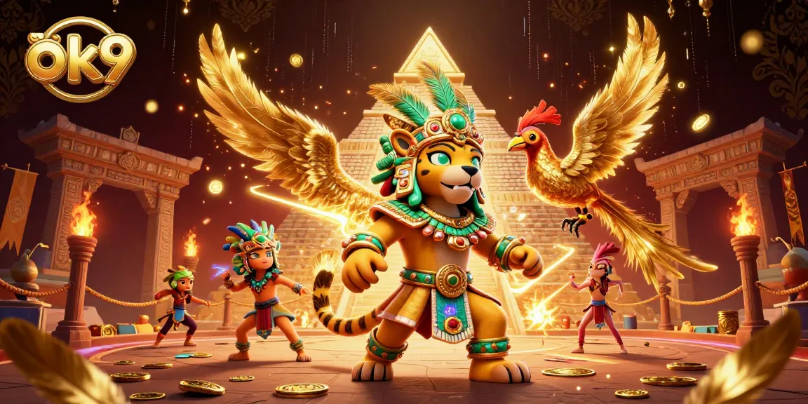 ok9 ignites excitement with a Mayan priest and quetzal bird in a dynamic casino scene.