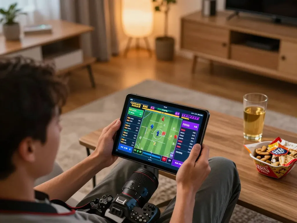Jogador envolvido usando o aplicativo 668bet para apostas esportivas em um tablet em um ambiente acolhedor