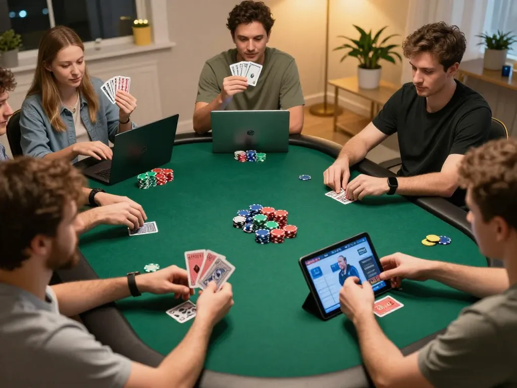 Players engaging in strategic online poker games at home, showcasing rokok88 excitement and vibrant gameplay.