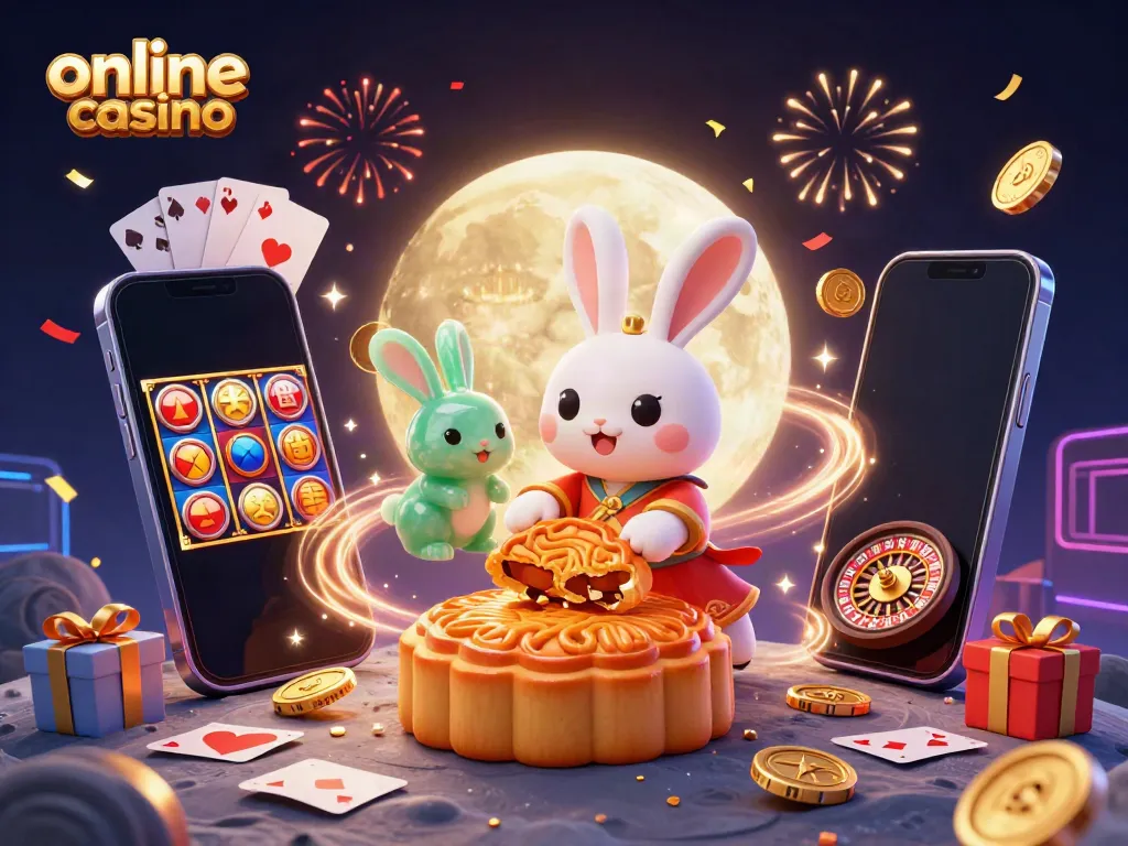 Engage in the vibrant atmosphere of an online casino as a moon rabbit celebrates with poker chips and slot games.