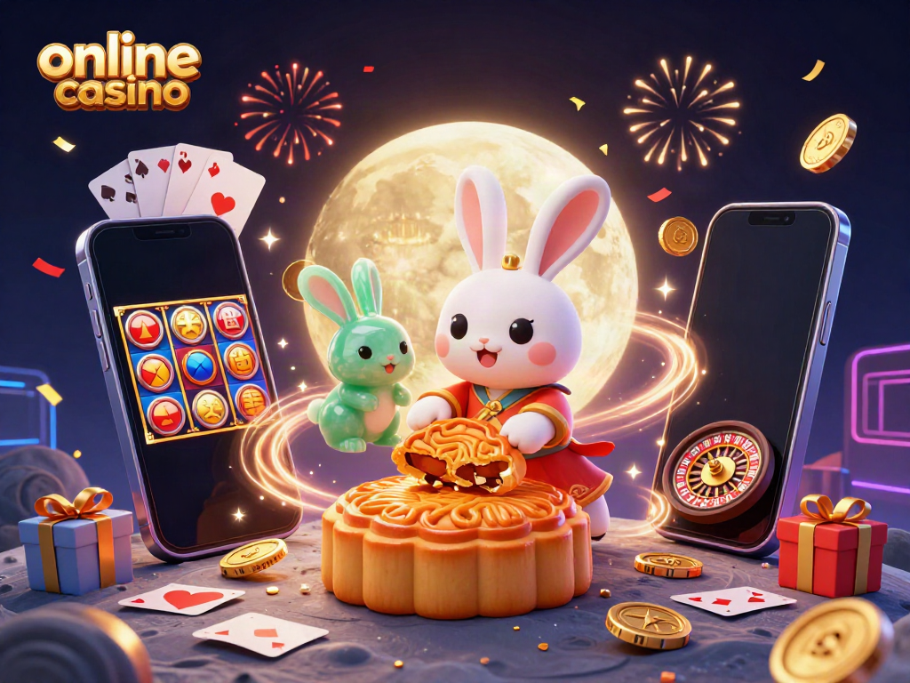 Engage in the vibrant atmosphere of an online casino as a moon rabbit celebrates with poker chips and slot games.