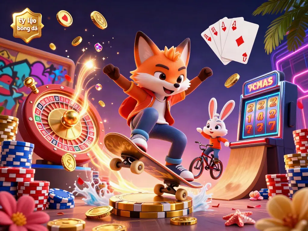 Engaging 3D cartoon illustration showcasing the dynamic action of tỷ lệ kèo bóng đá with characters performing tricks in a vibrant casino setting.