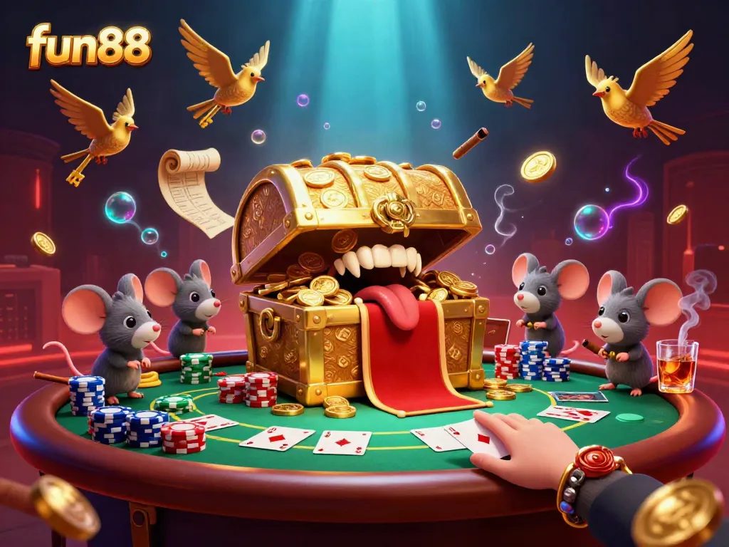 Engage in thrilling fun88 gaming with an enticing golden treasure chest and vibrant poker elements.