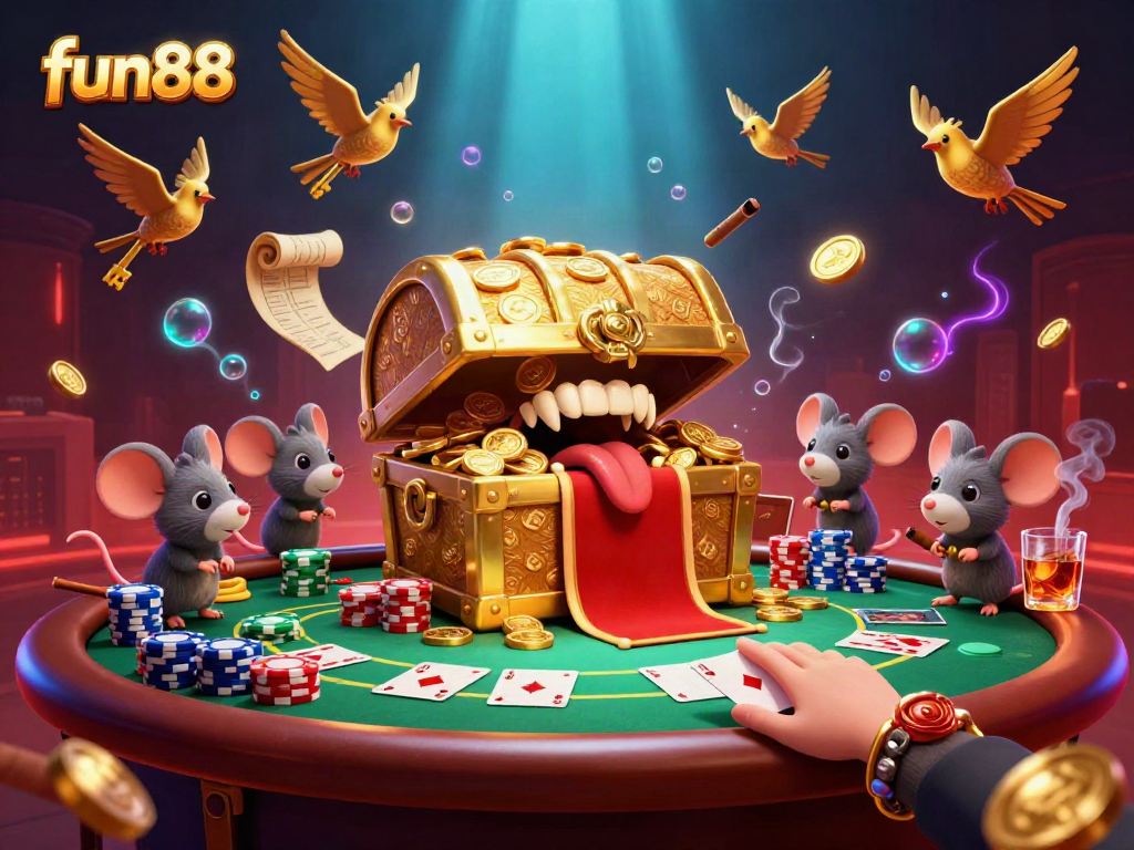 Engage in thrilling fun88 gaming with an enticing golden treasure chest and vibrant poker elements.