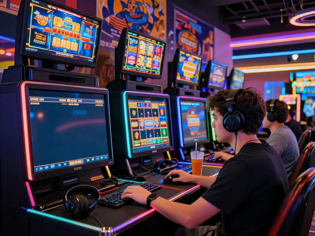 Player engaging with vibrant slot games including slot88 resmi in a lively gaming setup