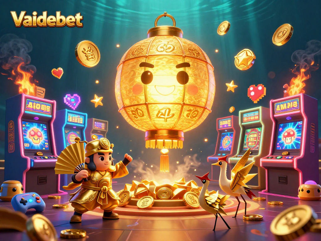 Vaidebet's vibrant casino scene showcasing a golden lantern spirit and dynamic game elements.