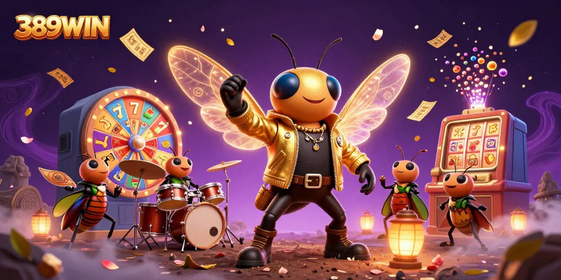 Experience thrilling gameplay with 389WIN, featuring a lively scene of characters enjoying slots and prizes.
