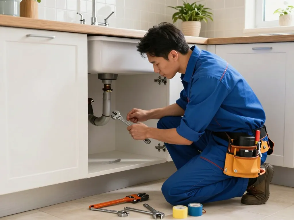 Plumber fixing a kitchen sink leak, showcasing professional plumbing services.