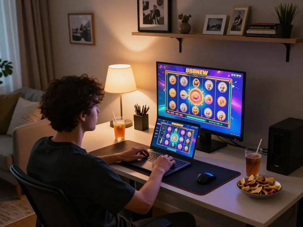 Player enjoying a vibrant slot game on 888NEW in a cozy home setup