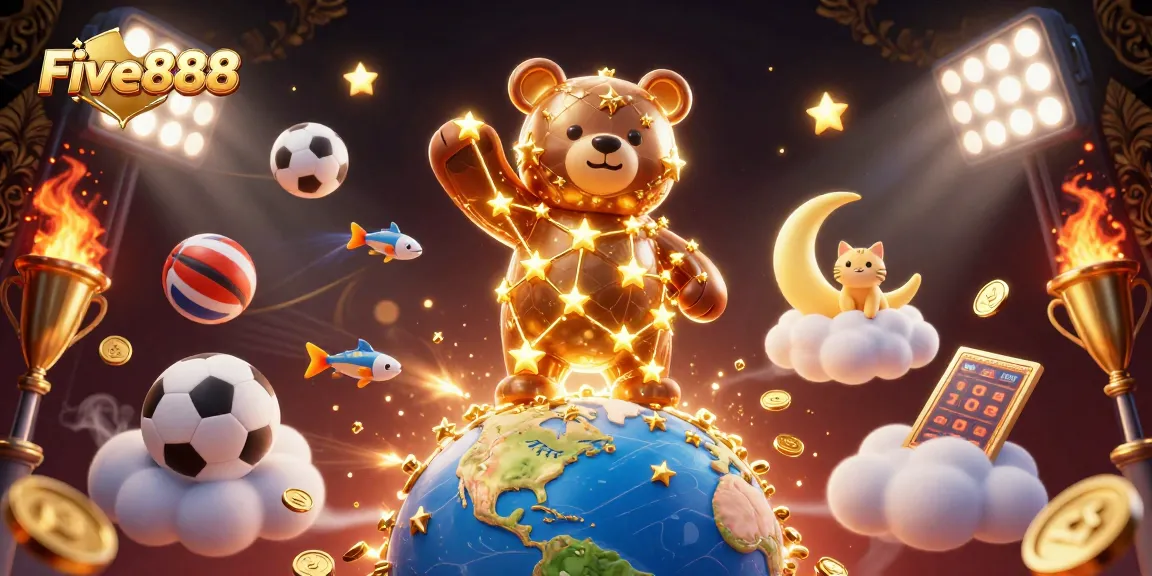 Engage with Five888 in a dynamic online casino scene filled with vibrant animations and golden elements.