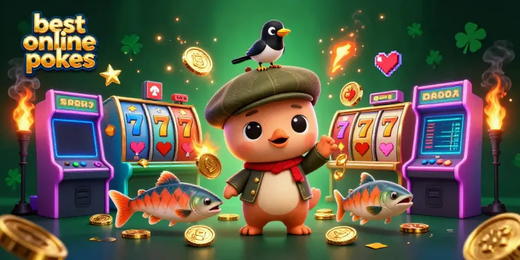 Engage in the best online pokies with a playful cartoon Nessie and friends amidst vibrant slot gaming elements.