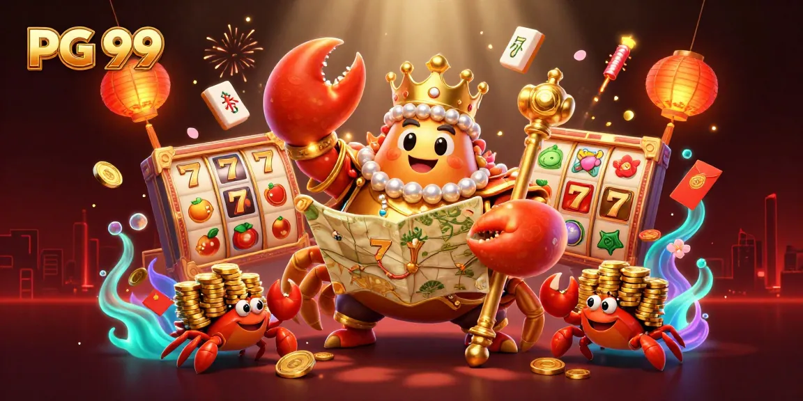 Experience PG 99's exciting slots with a golden emperor crab and treasure map in this vibrant illustration.